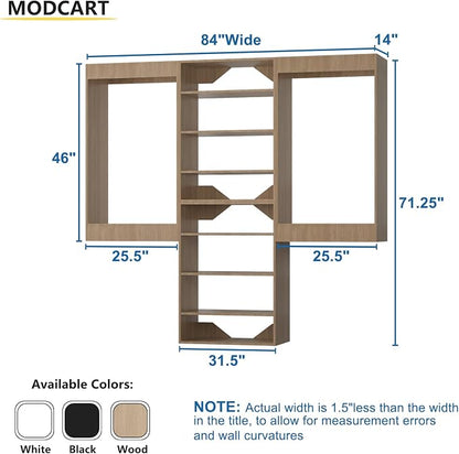 Modular Closet System, 84" Wide Closet Organizer System with Hanging and Towers, Wood Tower Closet Storage for Walk In Closets, Wall Mounted Wardrobe Organizer Kit System, Bedroom, Wood