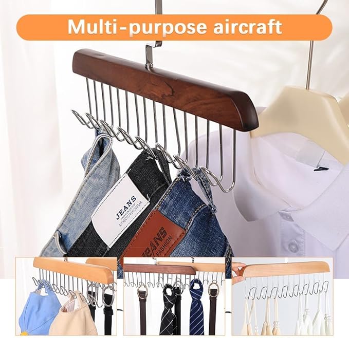 4 Pack Tie Rack Hanger with 8 Metal Hooks, Space Saving Necktie Organizer for Men – Large Capacity Tie and Belt Wooden Hanger for Closet (Brown)