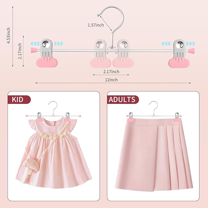 Pants Hangers with Wide Clips 50 Pack Adjustable Skirt Hangers for Women Non-Slip Clothes Hanger for Pants Heavy Duty Space Saving Trousers Hanger for Jeans,Shorts Pink,12Inch