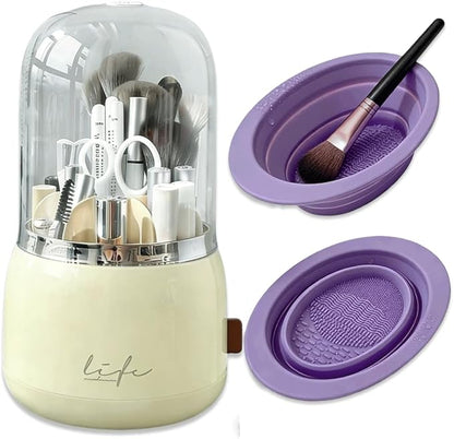360 Rotating Makeup Brush Holder with Lid Clear Dustproof Make Up Organizers for Vanity Countertop Includes a Foldable Bowl for Cleaning Makeup Brush Transparent Dustproof(Beige)