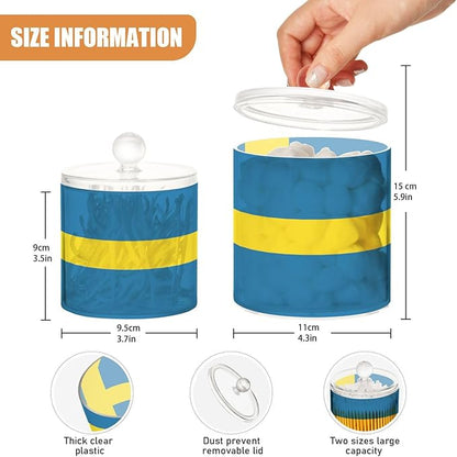 DOMIKING Sweden Flag 2 Pack Bathroom Canisters Cotton Swab Holder Dispenser Plastic Cotton Ball Jar Acrylic Storage Containers for Cotton Ball Cotton Swab Cotton Round Pads