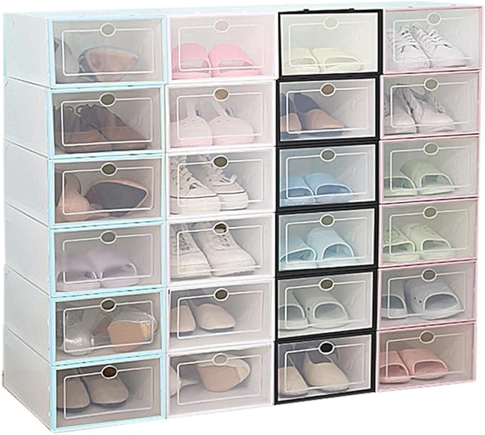 6PCS Stackable Transparent Shoe Storage Boxes Thickened Plastic Containers for Men White Frame Organizer Space-saving Shoe Bins for Small Closets and Dorm Rooms