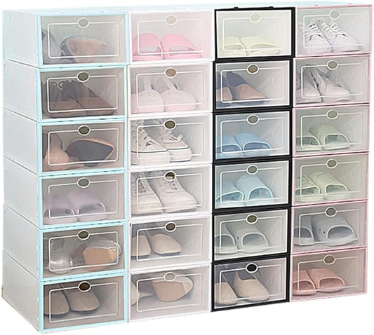 6Pcs Stackable Plastic Shoe Boxes Thickened Shoe Storage Containers with Black Frame for Men Closet Organization
