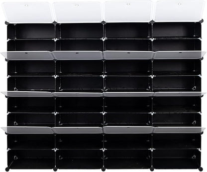 Shoe Rack Organizer, 16 Cube 8 Tier Covered Shoe Storage Cabinet 64 Pairs Freestanding DIY Shoe Shelves Plastic Shoes Rack for Closet Entryway Hallway Bedroom (Black3)