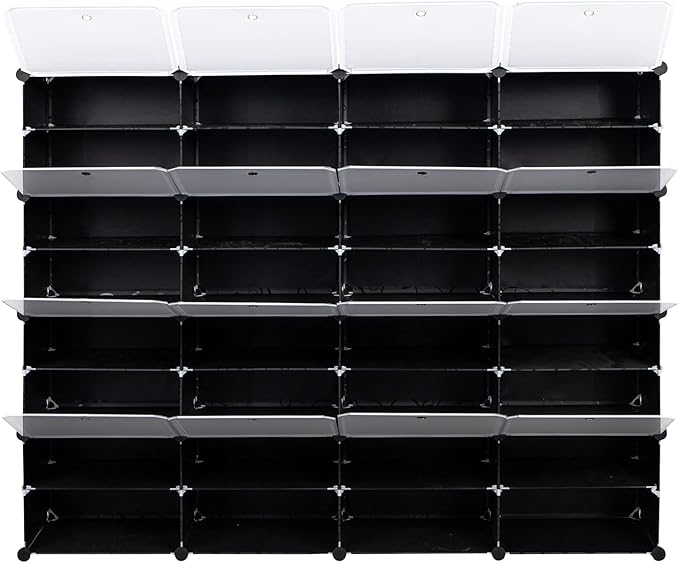 32 Cubes Shoe Rack,Portable Shoe Rack Organizer,Stackable Detachable Free Standing Shoe Rack,Plastic Shoe Storage Cabinet,Shoe Storage Boxes,with Doors,for Closet, Hallway, Bedroom, Entryway (Black)