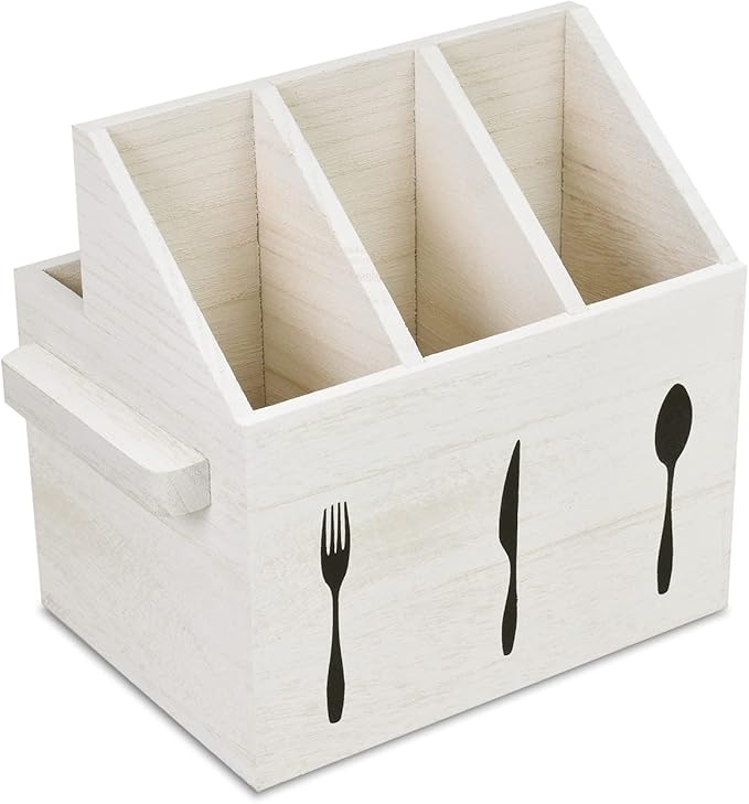 Ikee Design Wooden Utensil Caddy with Handles, Silverware Caddy, Silverware Holder for Countertop,Party,Camping and Kitchen, Silverware Organizer, Picnic Cutlery Holders, White Color