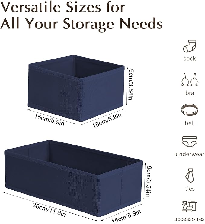DIMJ Drawer Organizers Clothes, Set of 16 Dresser Organizer Bins, Fabric Closet Organizers and Storage, Shallow Drawer Dividers for Nursery, Clothing, Baby Clothes, Socks, Underwears, Tie (Navy Blue)