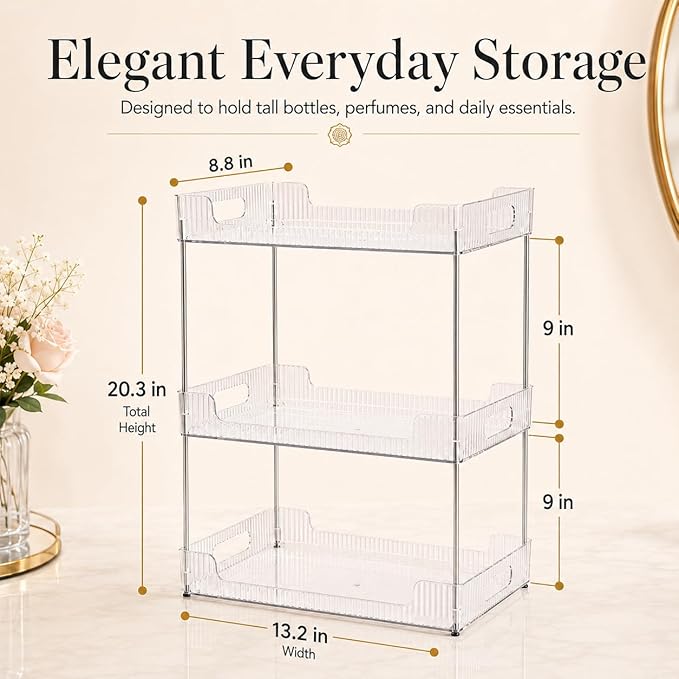 Goderewild 3 Tier Bathroom Counter Organizer, Multi-Purpose Cosmetics Skincare Shelf, Fits A4 Size Makeup Organizer for Office and Vanity Tray, Countertop Storage Solution for Kitchen,Bath.(Clear)