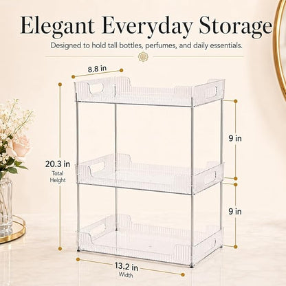 Goderewild 3 Tier Bathroom Counter Organizer, Multi-Purpose Cosmetics Skincare Shelf, Fits A4 Size Makeup Organizer for Office and Vanity Tray, Countertop Storage Solution for Kitchen,Bath.(Clear)