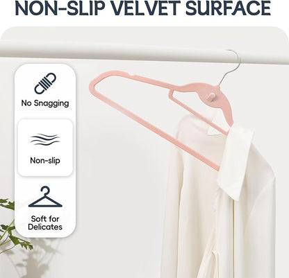 Velvet Hangers 50 Pack Pink, Non Slip Stackable Clothes Hangers with Cascading Hooks, Ultra Thin and Space Saving Felt Hangers with Tie Bar, 360° Swivel Hooks, Heavy Duty for Suit Coat Shirt Pant
