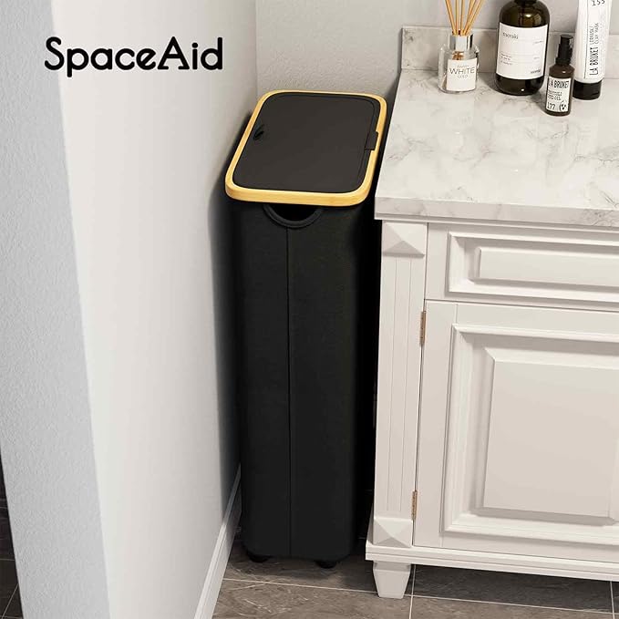 SpaceAid Slim Laundry Hamper with Wheels and Lid,62L Rolling Narrow Clothes Basket with Bamboo Handle, Large Laundry Hamper for Bedroom, Bathroom, Dorm, Laundry Room - Black