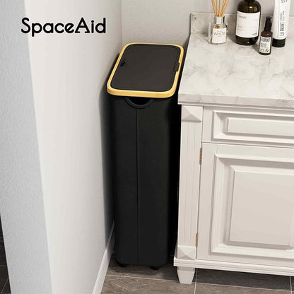 SpaceAid Slim Laundry Hamper with Wheels and Lid,62L Rolling Narrow Clothes Basket with Bamboo Handle, Large Laundry Hamper for Bedroom, Bathroom, Dorm, Laundry Room - Black