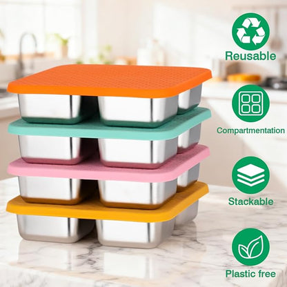 4 Pack Stainless Steel Snack Containers with Lids, Lunchable Container 4 Compartment Snack Containers, Small Bento Lunch Box Divided Food Storage for Portion Control Meal Prep Reusable Snackle