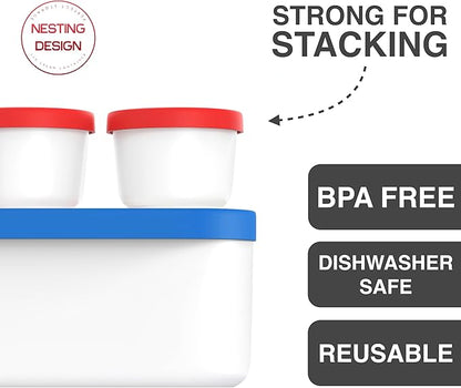 BALCI - Ice Cream Container - 2 Quart & 8oz set - Perfect Reusable Freezer Storage for Homemade Ice Cream Tubs for Sorbet, Frozen Yogurt and Gelato! - Flexible Silicone Lids, Long Scoop, Stackable