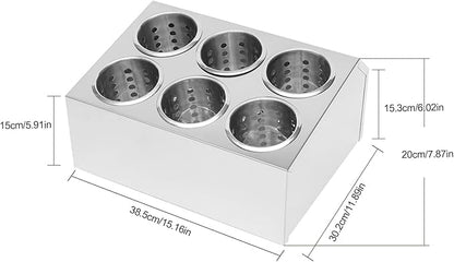 Commercial 6-Hole Stainless Steel Cylinder Flatware Silverware Utensil Holder Organizer Caddy, Detachable Countertop Utensil Dispenser for Forks Spoons Knives for Kitchen Restaurant Buffet