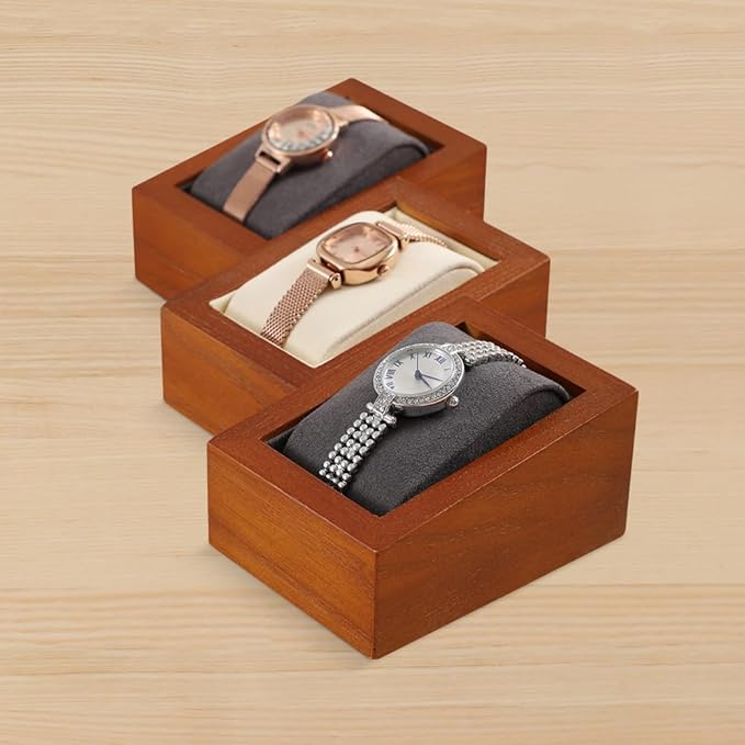 Wooden Watch Display Stand With Pillow, Wristwatch Organizers, Men Women Watch Storage Holder (Willow Wood, Beige Velvet)