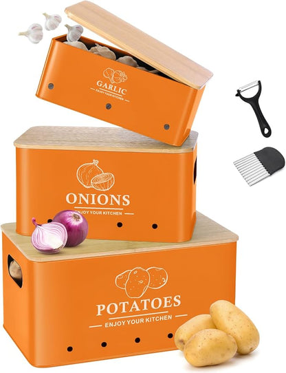 Kitchen Vegetable Storage Set of 3, Metal Onion Garlic Potato Storage Set, Kitchen Canisters Vegetable Keeper Containers with Aerating Holes and Wooden Lid (Orange)