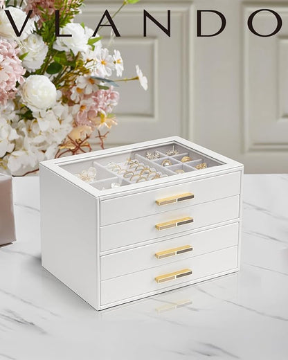 VLANDO Jewelry Box for Women, Glass Lid Jewelry Organizer with 4 Drawers for Necklaces Rings Earrings Bracelets Christmas Gift - White