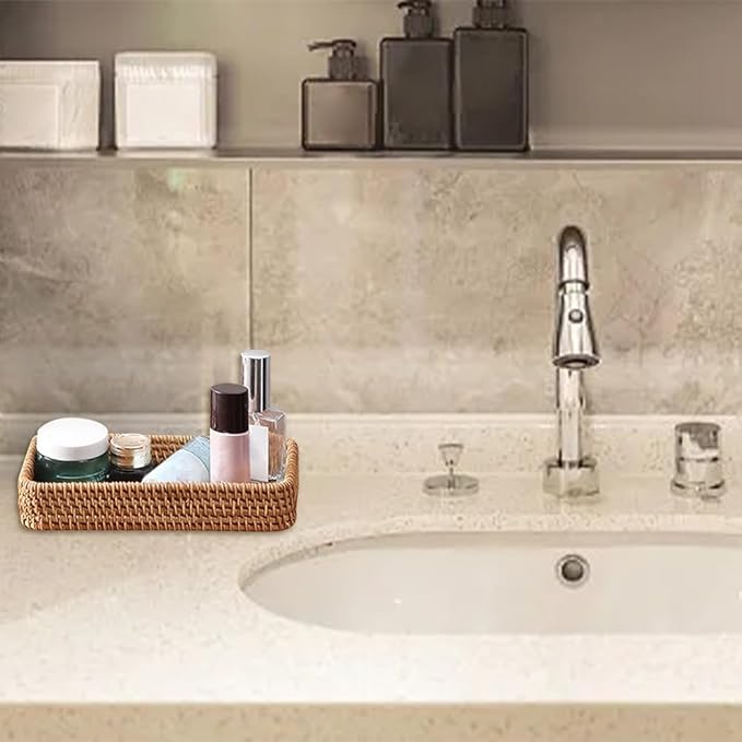 8in Rattan Bathroom Vanity Tray, Toilet Tank Basket, Bathroom Decor Box, Small Narrow Guest Towel Holder for Vanity, Countertop, Bathroom, Kitchen and Cabinet Storage(Color:Wood)