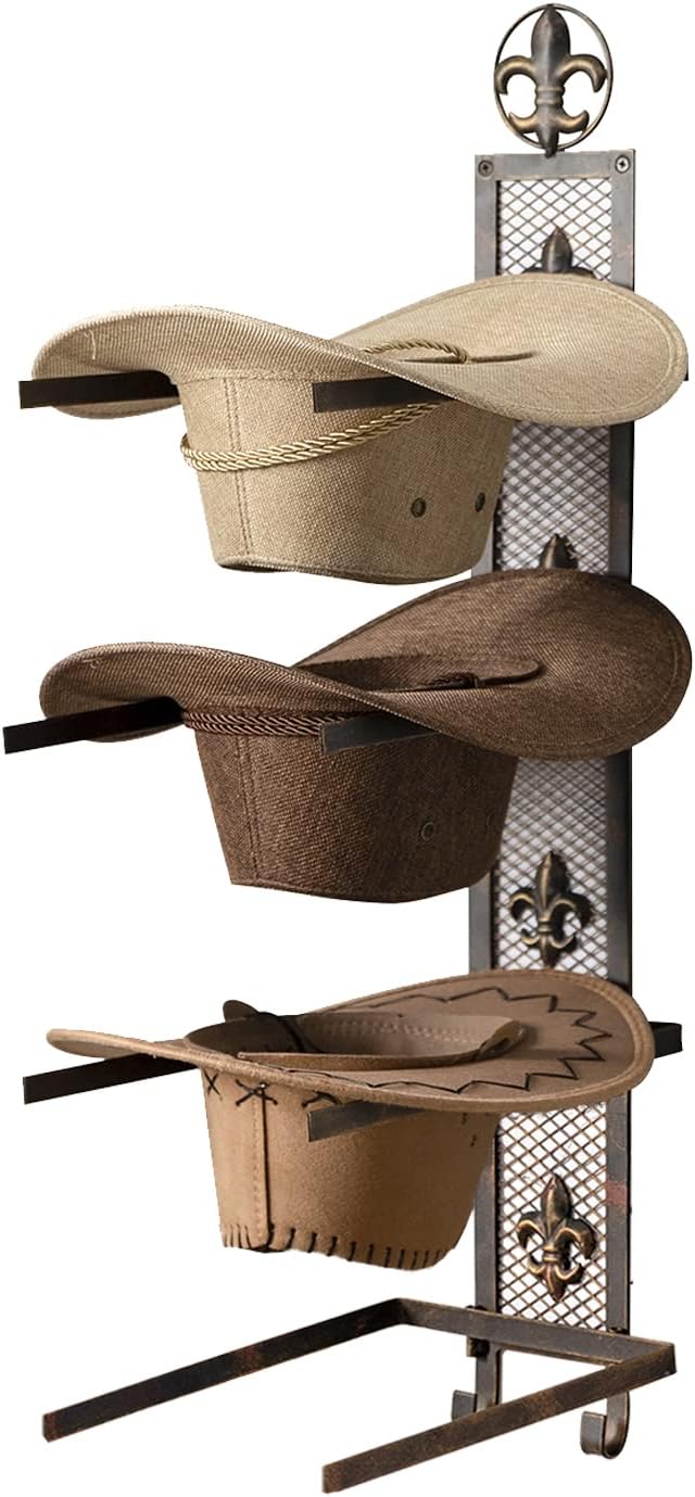 Cowboy Hat Rack for Wall, Metal Fleur-De-Lis Cowboy Hat Holder for 4 Hats, Vertical Western Hat Rack Wall Mount, Rustic Fold-Up Wall Hanging Decorative Hat Racks, 13.8”W x 32.6”H