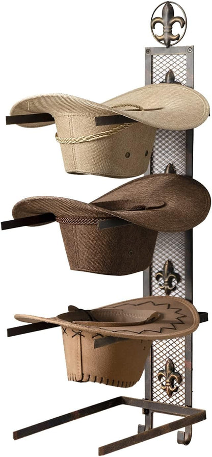 Cowboy Hat Rack for Wall, Metal Fleur-De-Lis Cowboy Hat Holder for 4 Hats, Vertical Western Hat Rack Wall Mount, Rustic Fold-Up Wall Hanging Decorative Hat Racks, 13.8”W x 32.6”H