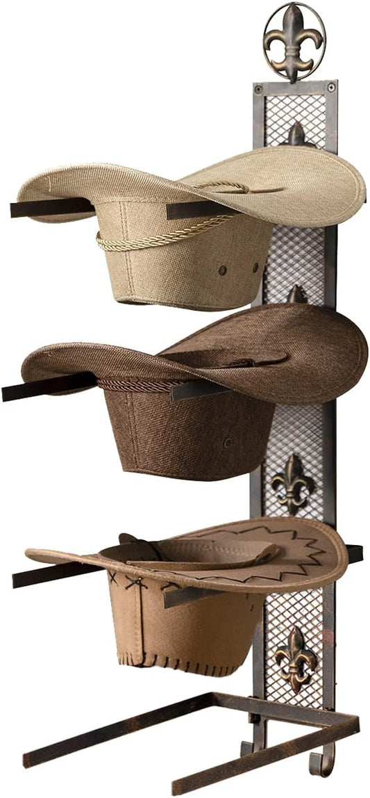 Cowboy Hat Rack for Wall, Metal Fleur-De-Lis Cowboy Hat Holder for 4 Hats, Vertical Western Hat Rack Wall Mount, Rustic Fold-Up Wall Hanging Decorative Hat Racks, 13.8”W x 32.6”H