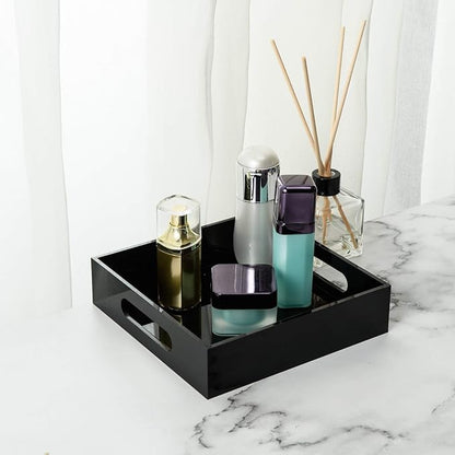 KEVLANG Black Sturdy Acrylic Tray with Handles-8x8 Inch- Countertop Organizer Tray for Kitchen,Bathroom,Office- Storage Box for Cosmetics, Jewelry,Toiletries,Toy,Gadgets