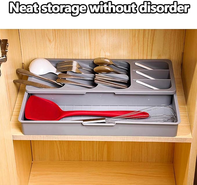 Expandable Kitchen Drawer Organizer Tray, 15.9×10.3×2.2in,Adjustable Silverware Storage for Spoons,Forks,Knives, Compact Cutlery Holder Saves Space(Grey)