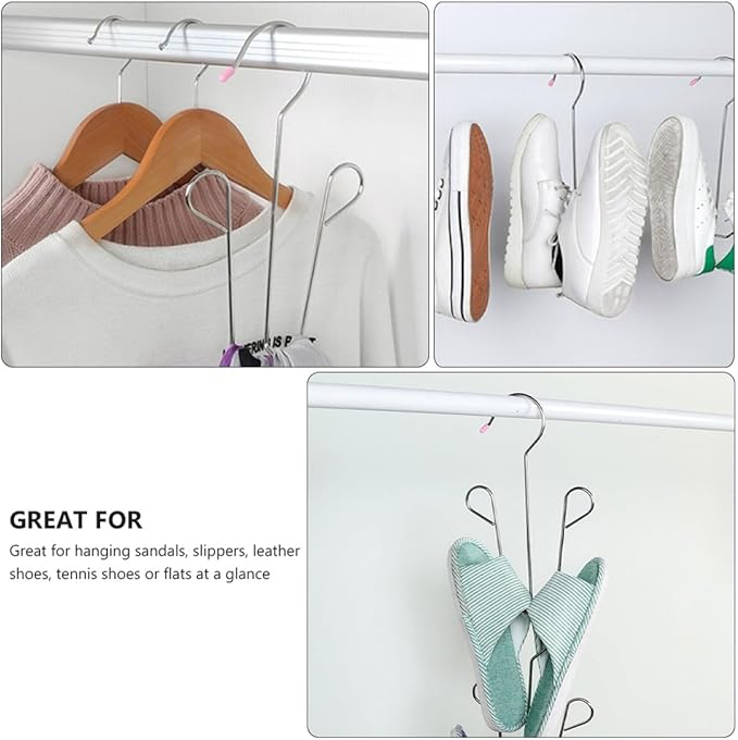 2pcs Stainless Steel Shoes Drying Rack with Anti-slip Windproof Hanging Hooks, Thickened Shoe Organizer for Balcony and Closet Storage
