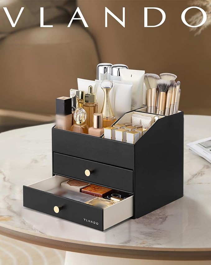 VLANDO Makeup Organizer for Vanity,Large Capacity Countertop Organizer with Drawers, PU Leather Cosmetic Display Case for Lipstick,Brushes,Skincare,Bedroom Storage (Black)