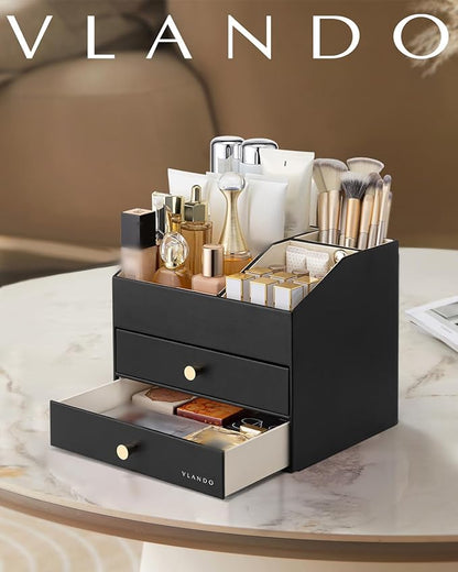 VLANDO Makeup Organizer for Vanity,Large Capacity Countertop Organizer with Drawers, PU Leather Cosmetic Display Case for Lipstick,Brushes,Skincare,Bedroom Storage (Black)