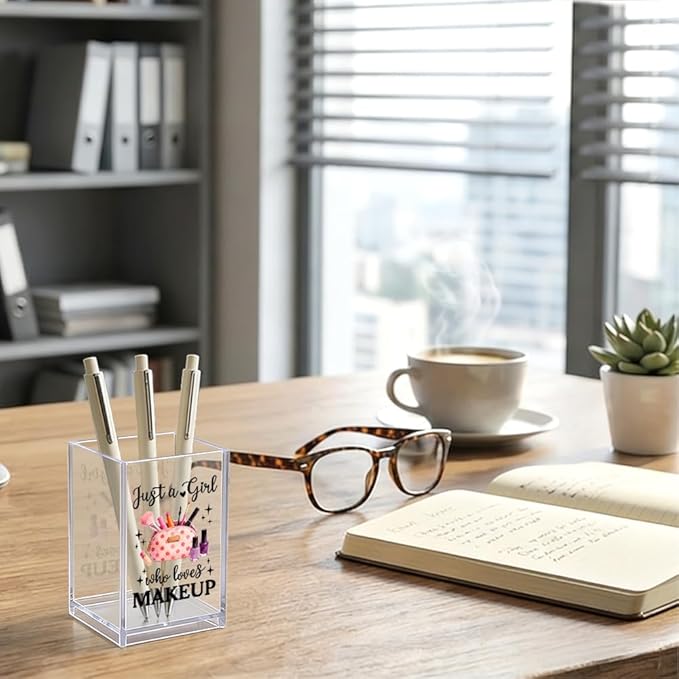 Just A Girl Who Loves Makeup Acrylic Makeup Brush Holder, Makeup Lover Gifts for Women Girl Daughter Sister Friend, Cute Cosmetic Desk Organizer for Vanity Office Bathroom, Clear Pencil Cup