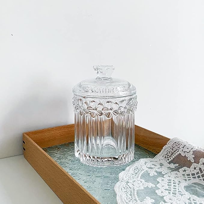 Decorative Glass Jar with Lid, Clear Apothecary Jar Crystal Canister Jar Bathroom Vanity Organizer for Cotton Ball & Swab, Cotton Pads, Hair Band, Jewelry, Tea and Candy Storage