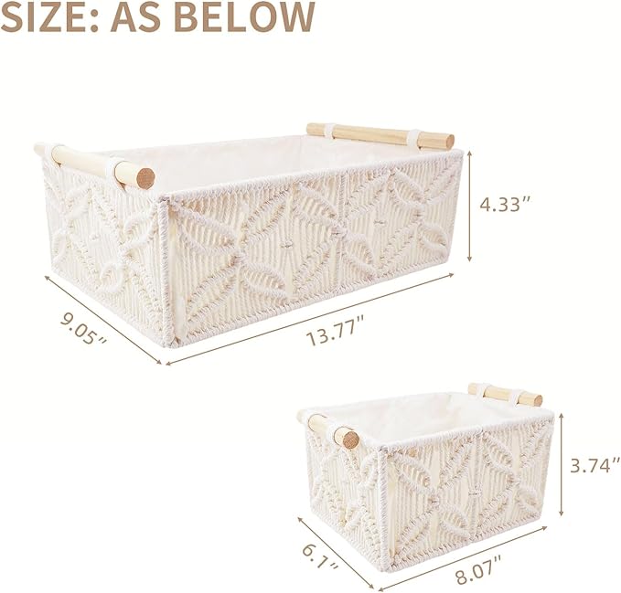 YAHUAN Macrame Storage Baskets with Wood Handles Handmade Woven Boho Decor Box for Organizing on Shelf Cabinet Countertop - Set of 3 (White)