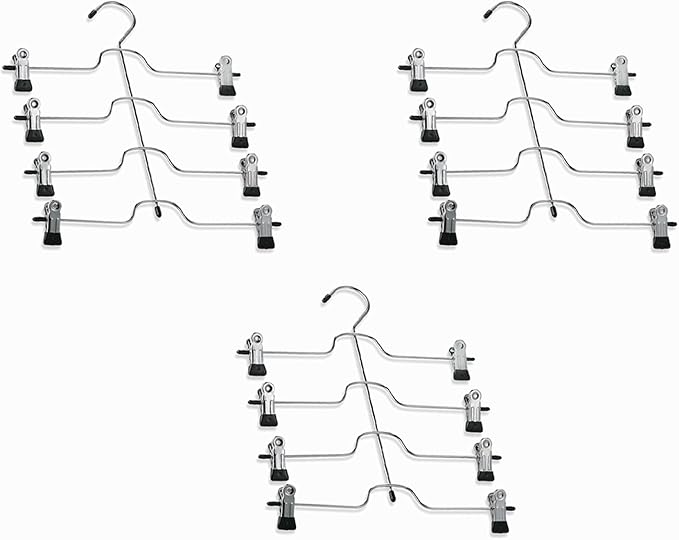 HUJI Sturdy 4 Tier Trouser Skirt Pants Hanger Chrome and Black Vinyl (Set of 3, 4 Tier Trouser Hangers)