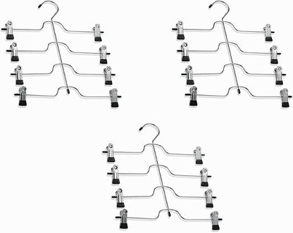 HUJI Sturdy 4 Tier Trouser Skirt Pants Hanger Chrome and Black Vinyl (Set of 3, 4 Tier Trouser Hangers)