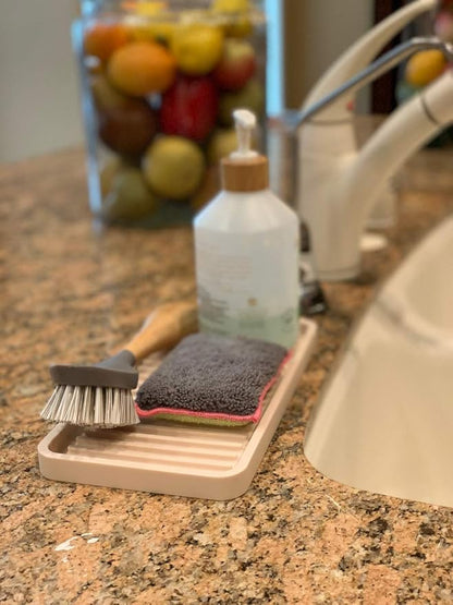 Silicone Kitchen Sink Organizer Tray, Sponge Holder and Countertop Protector | Bathroom and Kitchen Soap Dish and Dispenser Tray (Sand Dollar, 10"x5.25")