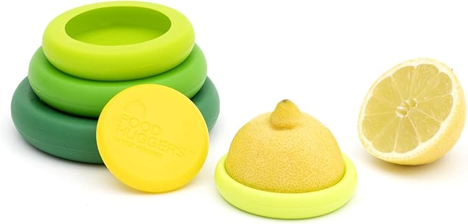 Food Huggers 5pc Reusable Silicone Food Savers | BPA Free | Plastic Free Food Storage | Dishwasher Safe | Fruit & Vegetable Storage for Onion, Tomato, Lemon, Banana & Cans | Round, Fresh Greens