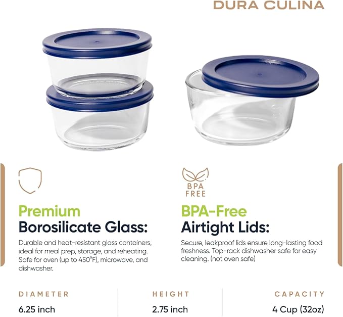 6-Piece Glass Food Storage Containers Set (3 Containers + 3 BPA-Free Lids) | 4-Cup, Leakproof | Microwave, Freezer, Oven & Dishwasher Safe | Ideal for Meal Prep & Pantry Organization, Blue