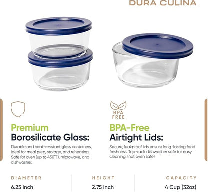 6-Piece Glass Food Storage Containers Set (3 Containers + 3 BPA-Free Lids) | 4-Cup, Leakproof | Microwave, Freezer, Oven & Dishwasher Safe | Ideal for Meal Prep & Pantry Organization, Blue