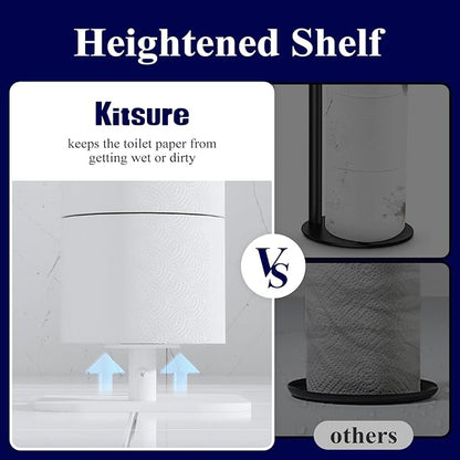 Kitsure Toilet Paper Holder Free Standing – Rustproof Metal Toilet Paper Stand for 4 Rolls with Anti-Slip Base and Shelf for Phone & Small Items, Bathroom Organizers and Storage, Medium, White