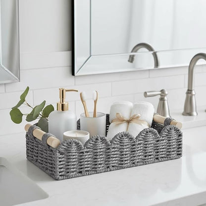 CubesLand Toilet Paper Storage Basket Organizer, Small Wicker Toilet Tank Top Decorative Baskets for Countertop, Handwoven Scalloped Basket w/handle for Home Decor, Living Room, Bedroom, Grey