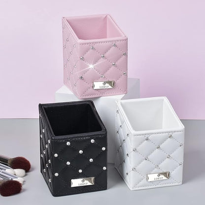 LORYP Makeup Brush Holder Crystal Brushes Cup White PU Make up Brush Case Bag Storage for Women (White-Large)