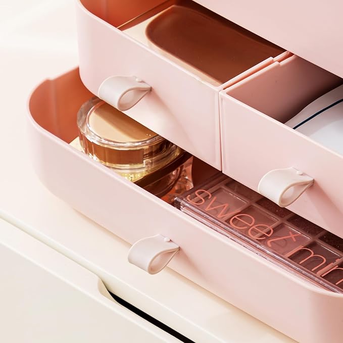 HBlife Makeup Organizer, Waterproof & Dustproof Cosmetic Storage, Fully Open Lid Makeup Display Box, Skincare Organizer for Bathroom Countertop Vanity, Pink