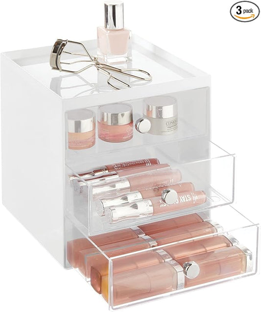 mDesign Makeup Organizer Storage Station Cube with 3 Drawers for Bathroom Vanity, Cabinet, Countertops - Holds Lip Gloss, Eyeshadow Palettes, Brushes, Blush, Mascara - White/Clear