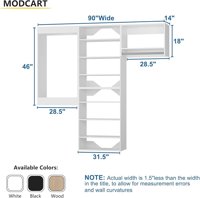Modular Closet System, 90" Wide Closet Organizer System with Towers and Hanging, Wood Closet Tower Storage for Walk In Closets, Wall Mounted Wardrobe Organizer Kit System, Bedroom, White