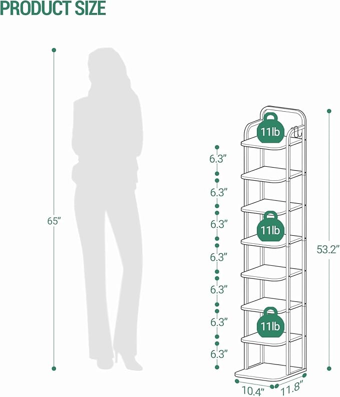 Hzuaneri 8 Tiers Vertical Shoe Rack, Narrow Shoe Tower, Tall Shoes Shelf with 2 Hooks, Adjustable Shelves, Corner Shoes Shelves for Small Spaces, Entryway, Living Room, Rustic Brown SR04301B