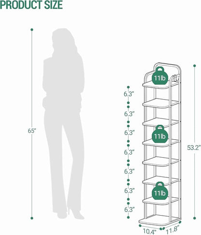 Hzuaneri 8 Tiers Vertical Shoe Rack, Narrow Shoe Tower, Tall Shoes Shelf with 2 Hooks, Adjustable Shelves, Corner Shoes Shelves for Small Spaces, Entryway, Living Room, Rustic Brown SR04301B