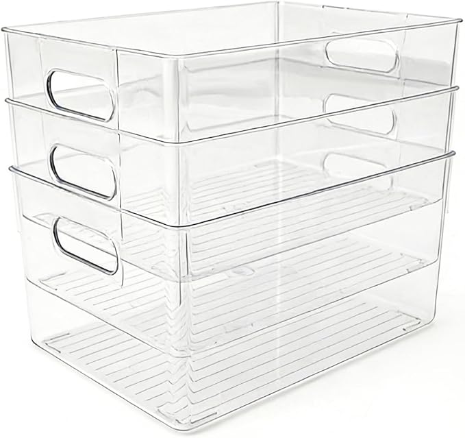 6 Pack Thick Clear Stackable Storage Bins, Cabinet Organizer, Plastiic Containers with Handle for Kitchens, Bathrooms and Fridge and Desktop