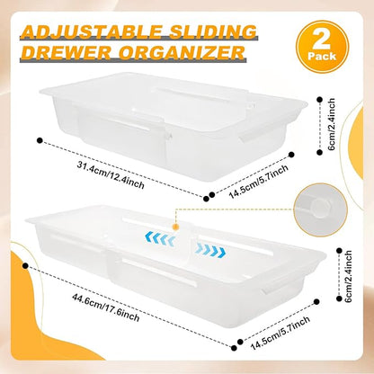 2 Pcs Deep Drawer Organizer Kitchen, Adjustable Sliding Drawer Organizer Bin, Transparent Expandable Drawer Organizer Trays Holder for Utensils Makeup Vanity Office, Expand 12" to 17"